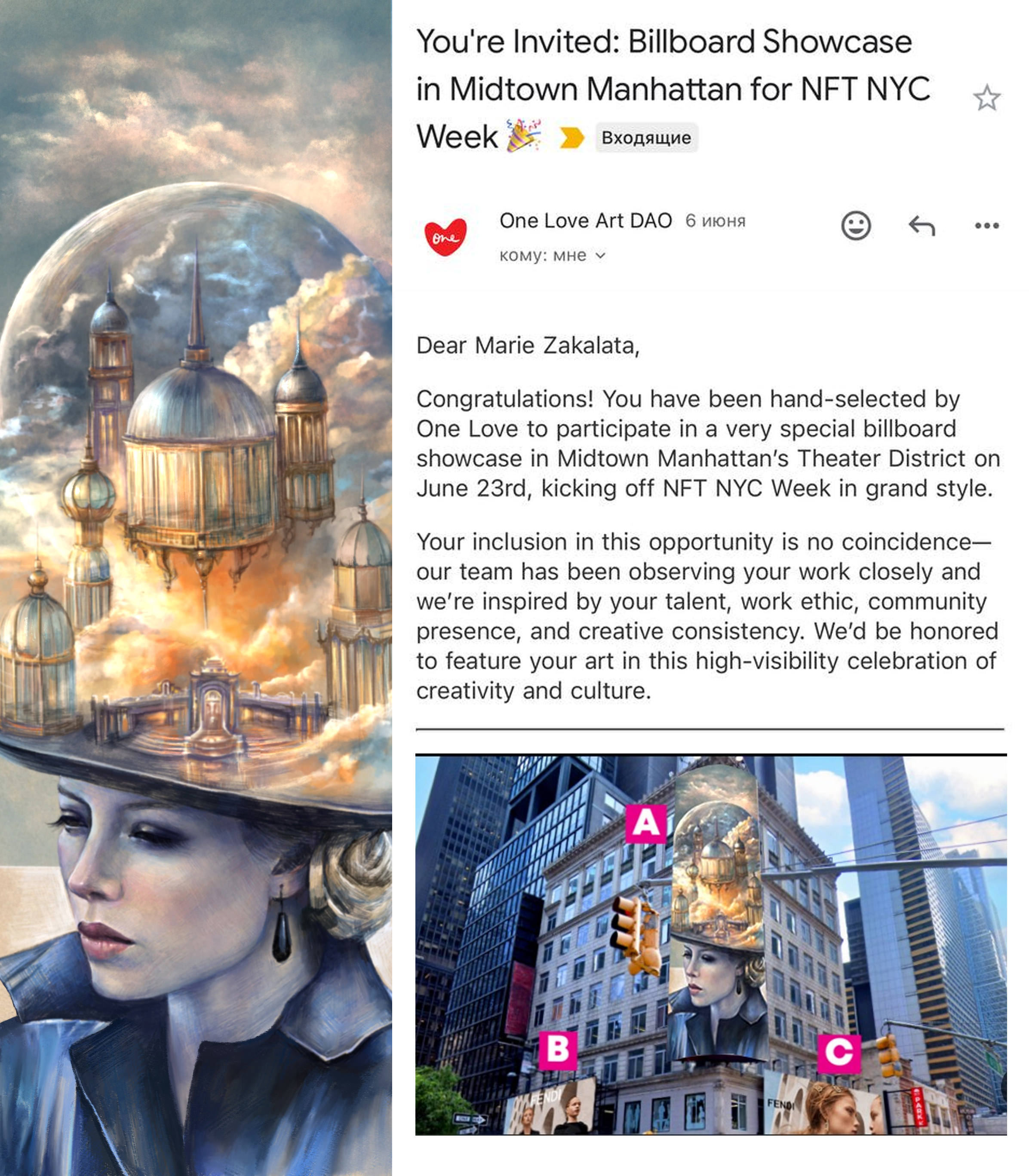 Mon art a été montré dans le quartier des théâtres de Midtown Manhattan à New York 2025.