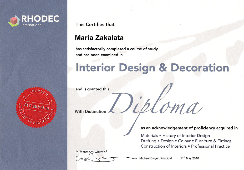 Diplôme de design d'intérieur de l'école britannique Rhodec International